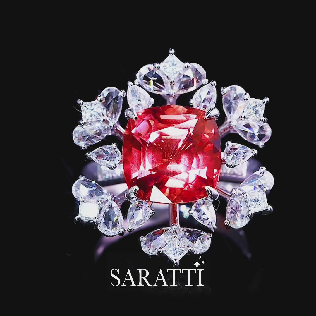 Luxury rubellite tourmaline and diamond ring in white gold with high-jewelry floral design | SARATTI