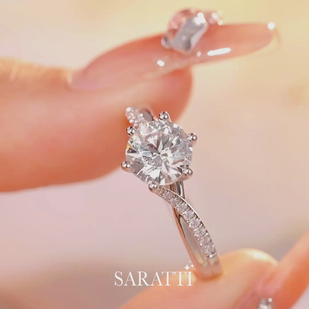 Luxury natural diamond ring with round center stone and refined white gold pavé band | SARATTI