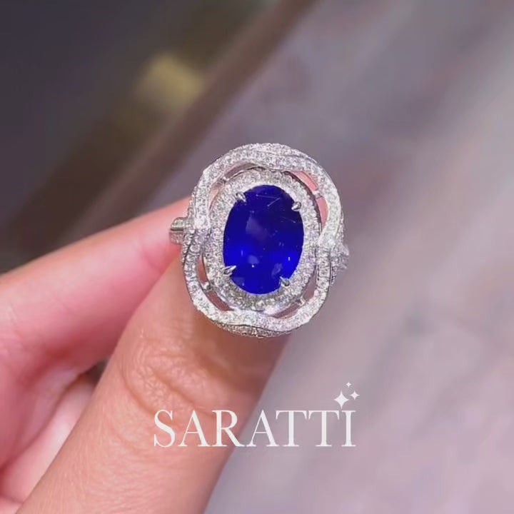 3 cts Unheated Royal Blue Oval Sapphire Ring - Saratti