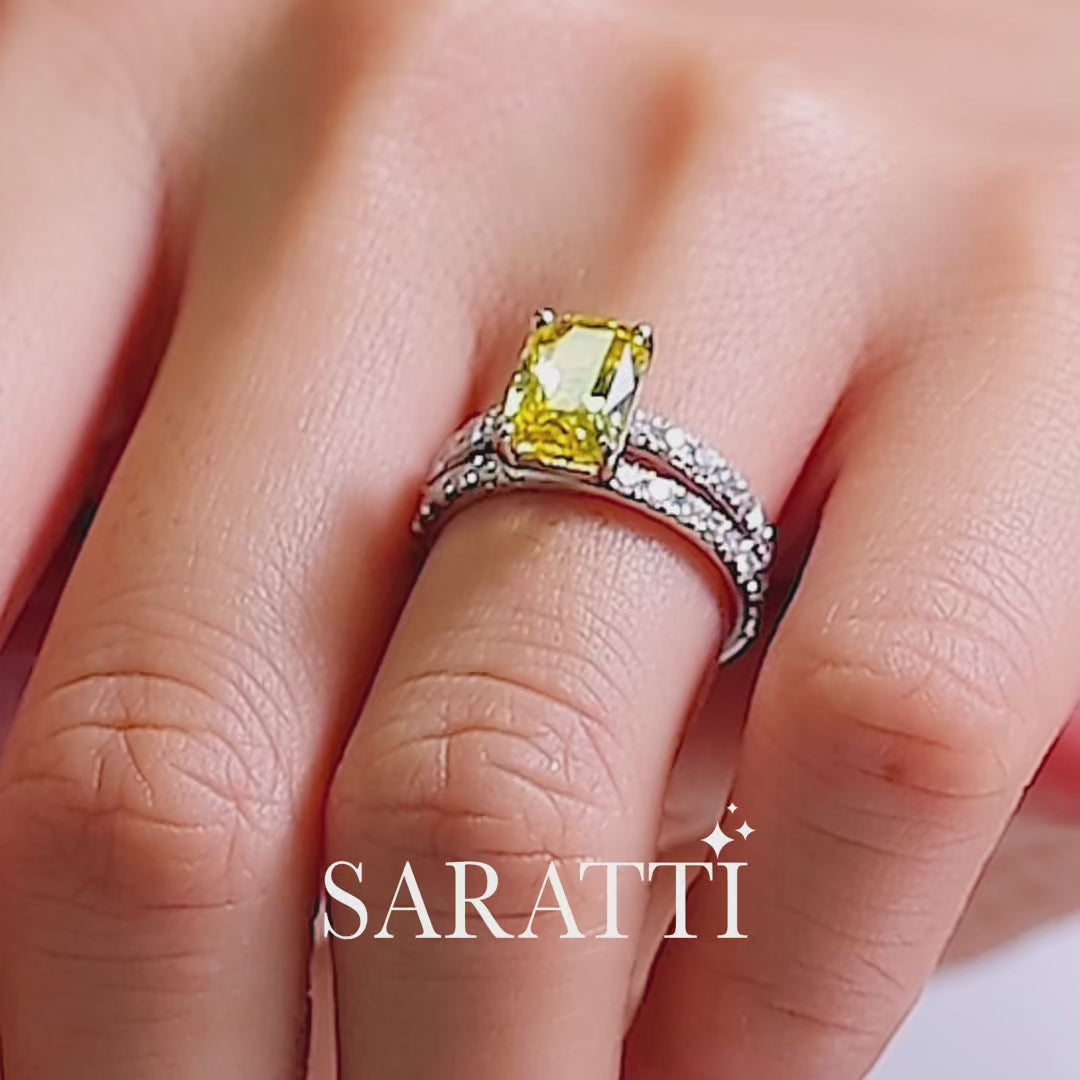 Yellow sapphire ring with radiant-cut center and diamond split shank in 18K white gold - SARATTI