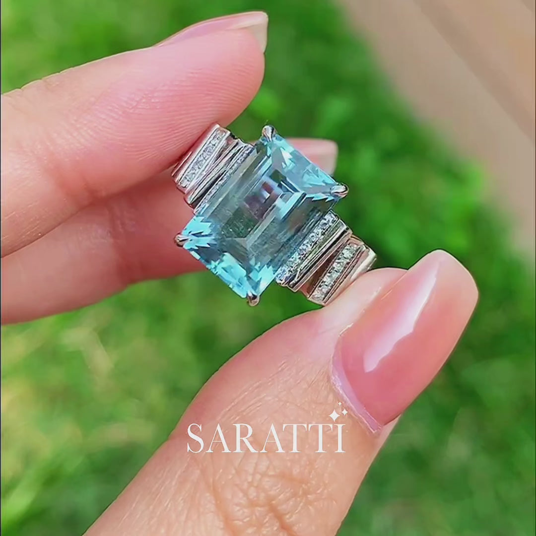 Aquamarine Cocktail Ring in 18K White Gold | Modern Gem