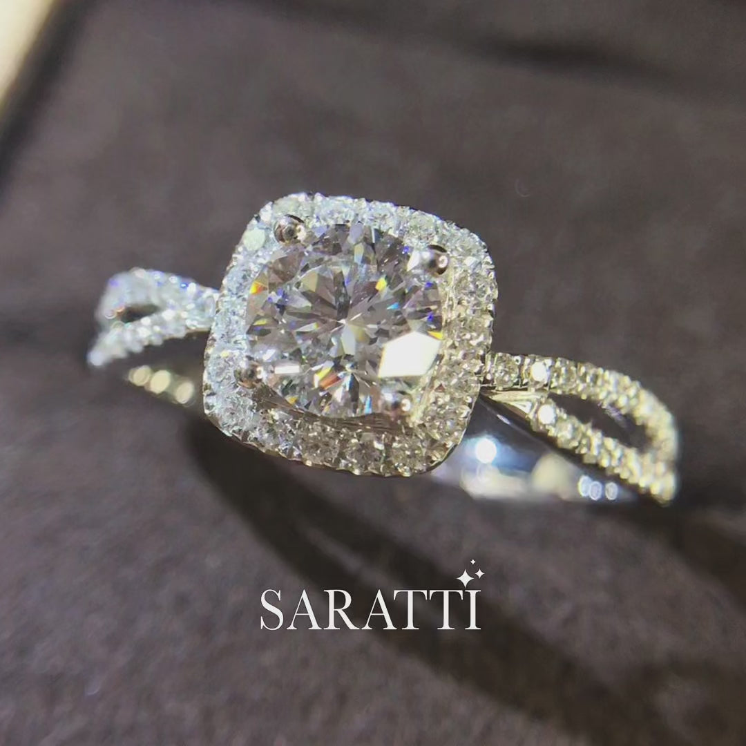 Luxury round moissanite halo ring with split shank in white gold - SARATTI