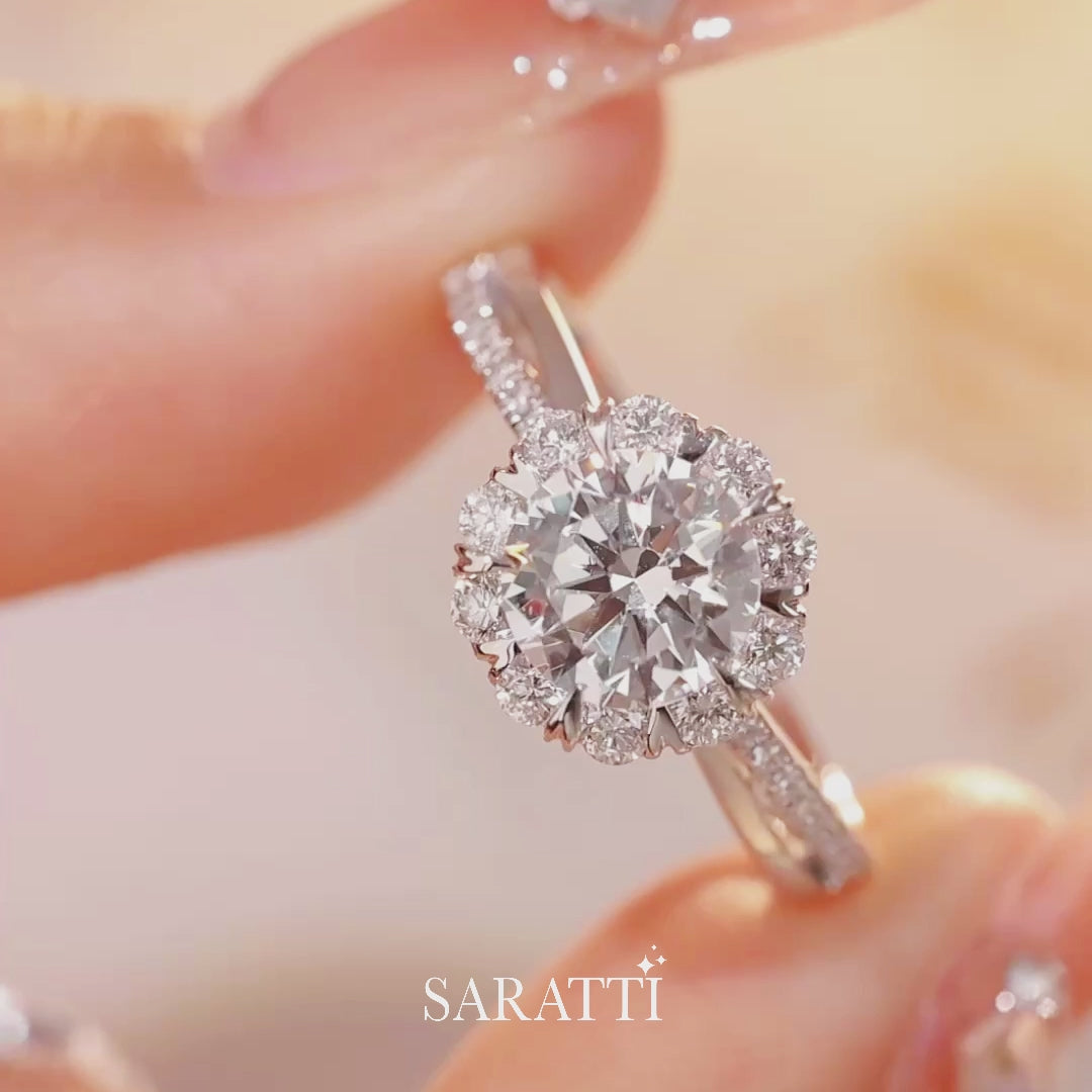 Merida Diamond Ring in Split Shank and Halo - Saratti Jewelry