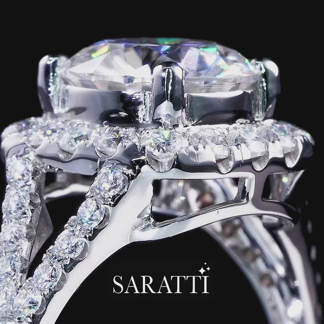 Luxury cushion moissanite engagement ring with dimensional halo and refined 18K white gold craftsmanship - SARATTI