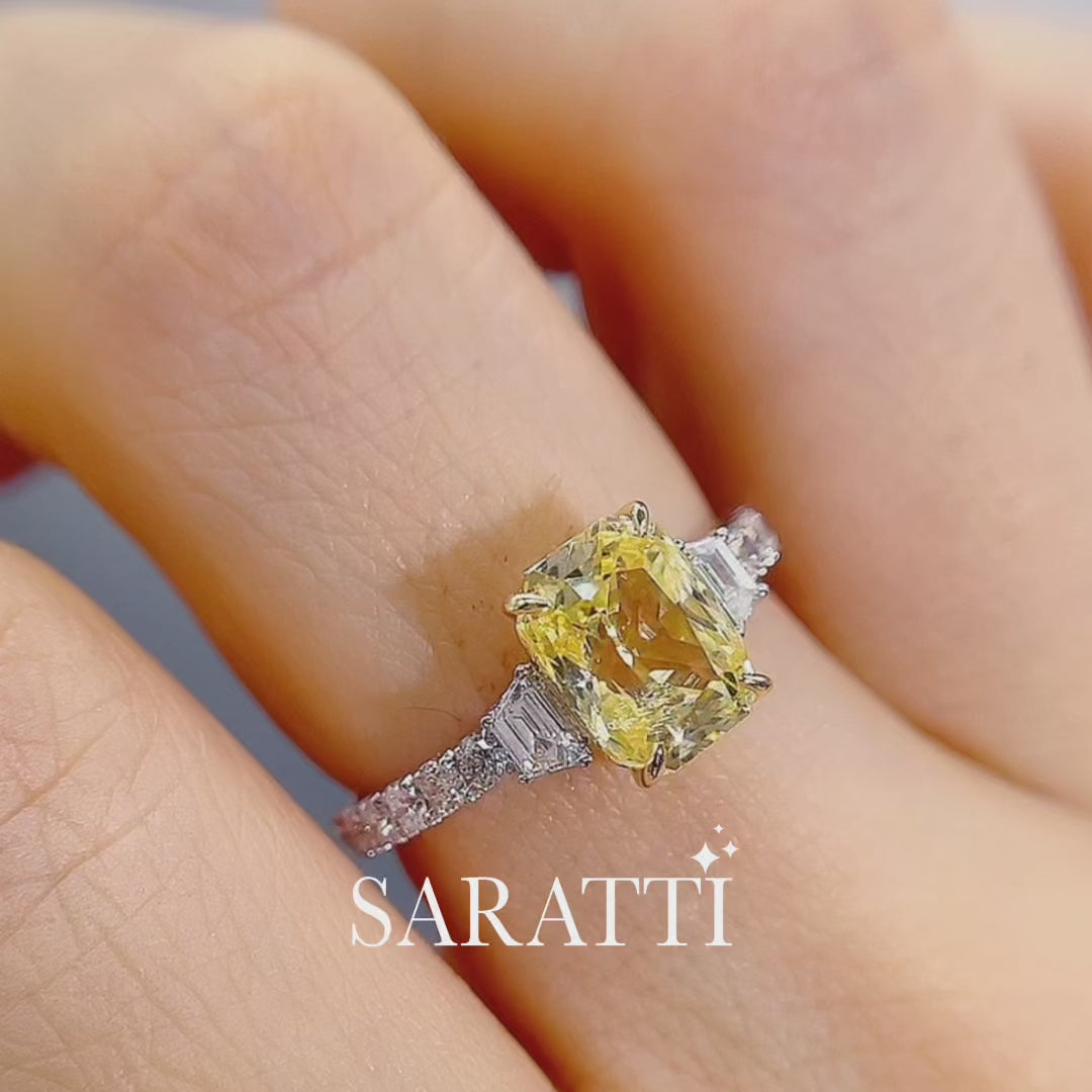 Three Stone Fancy Yellow Sapphire Ring with Diamonds | Saratti Jewelry