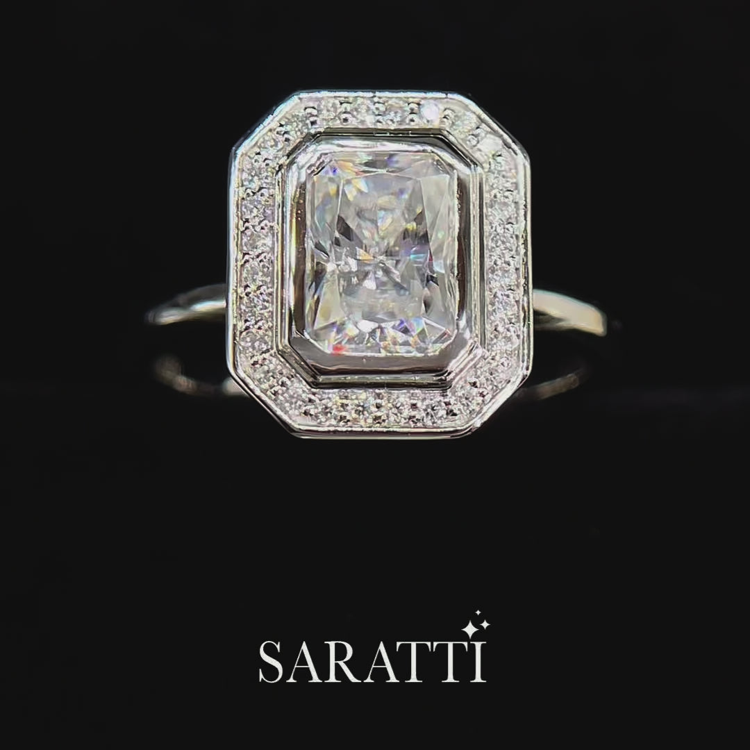 Architectural white gold radiant cut ring with brilliant halo-set moissanite | SARATTI