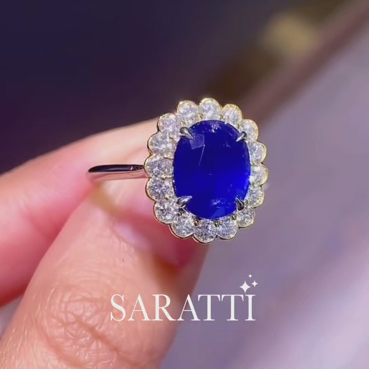 3 carat Oval Natural Sapphire and Diamond Cocktail Ring - Saratti Jewelry