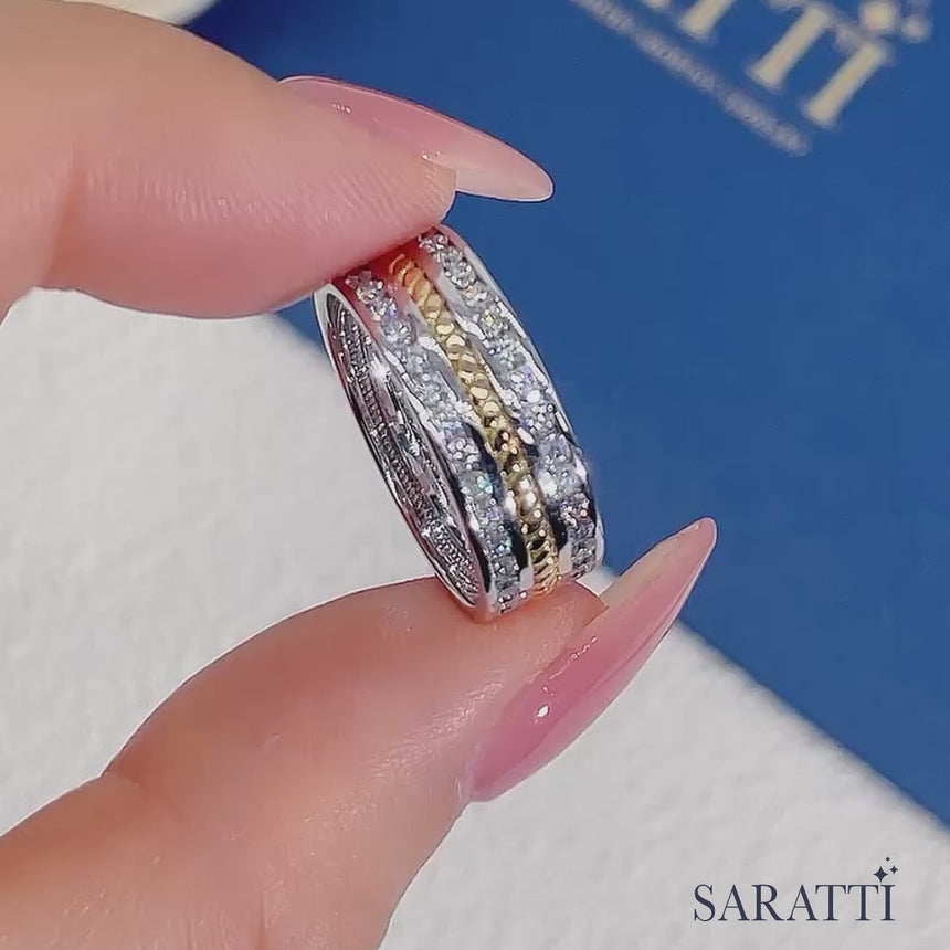 Two Tone Diamond Men Ring in 18K White and Yellow Gold | Saratti Jewelry