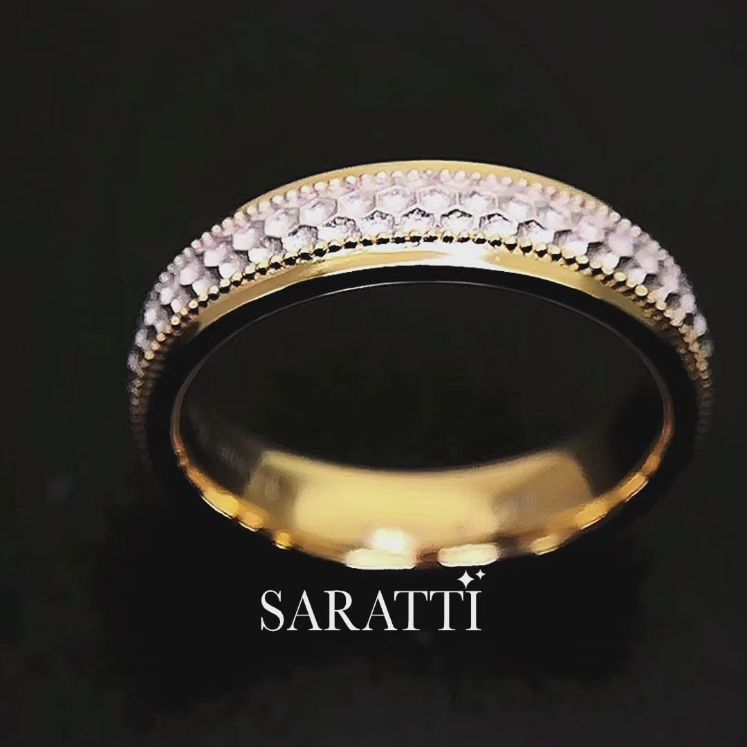 Architectural honeycomb ring for men 18k yellow and white gold hexagon pattern band | SARATTI