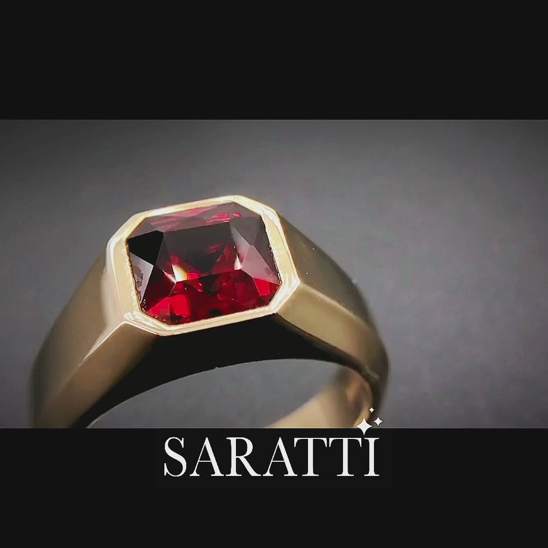 Luxury Bezel-Set Red Lab Grown Ruby Ring Statement Ring – Handcrafted in Gold | Saratti Jewelry