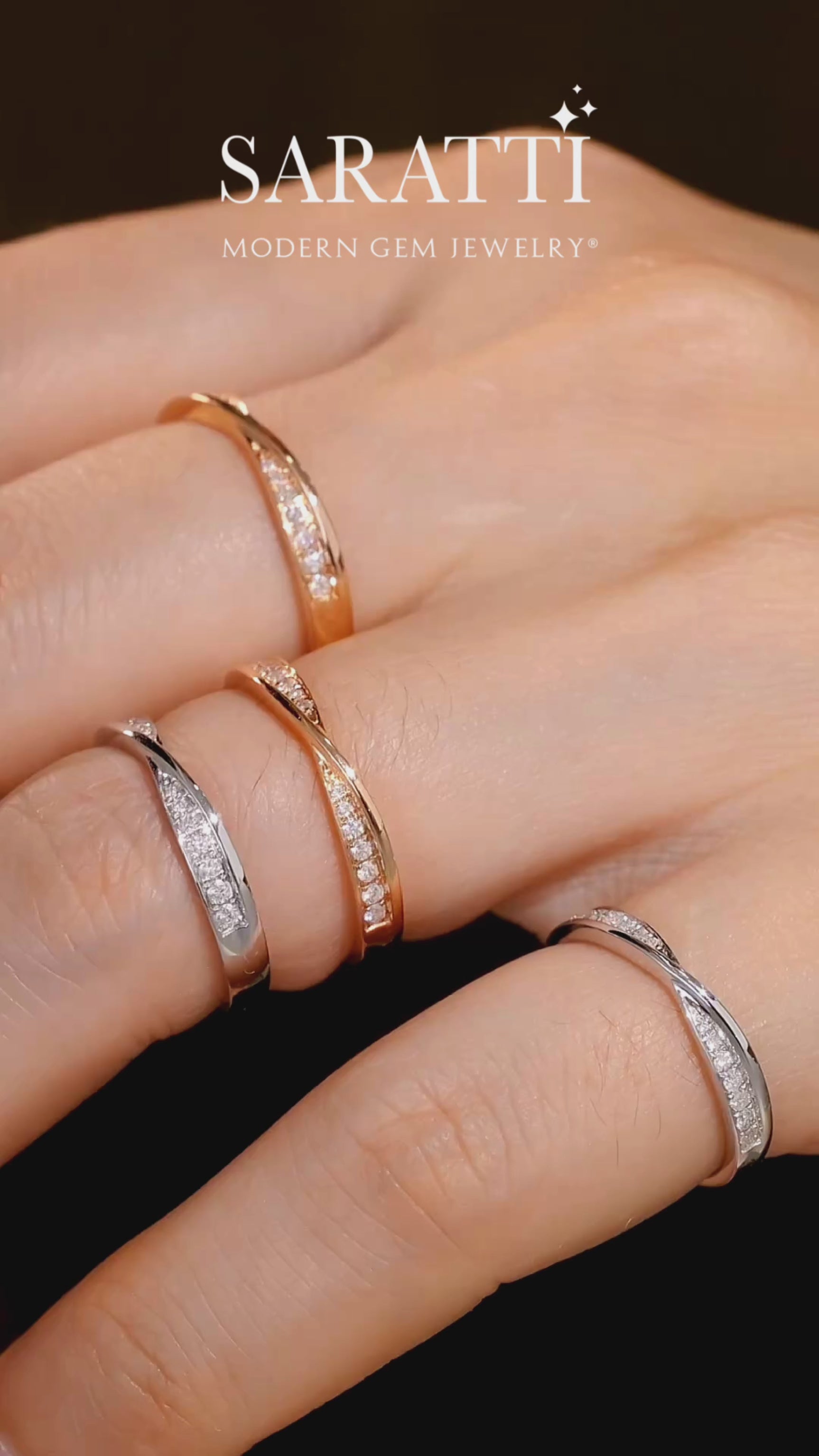 Model Display of White and Rose Gold Diamond Eternity Wedding Bands | Saratti 