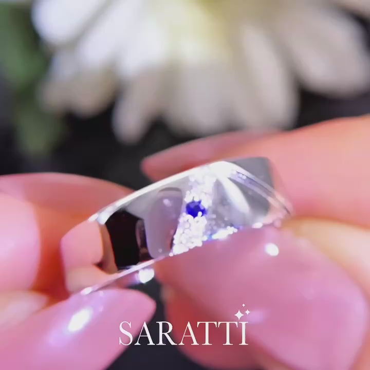 6mm diamond ring with royal blue sapphire center in 18k white gold | SARATTI  