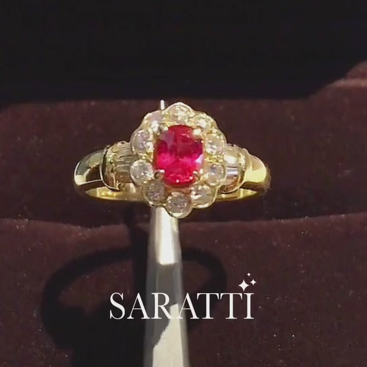 Diamond Halo Ruby Ring in 18K Yellow Gold | Saratti Jewelry