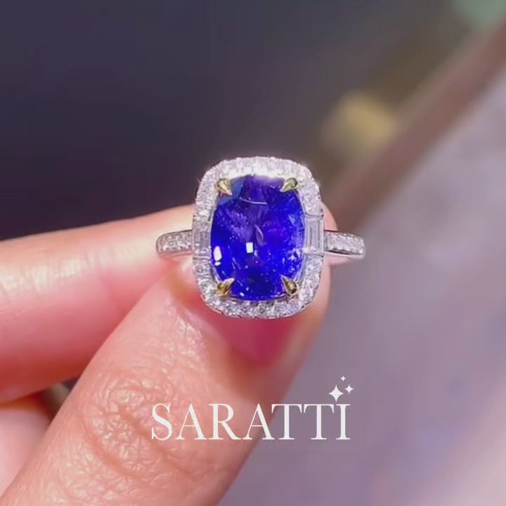 3 Carat Royal Blue Sapphire and Diamonds Halo - Saratti