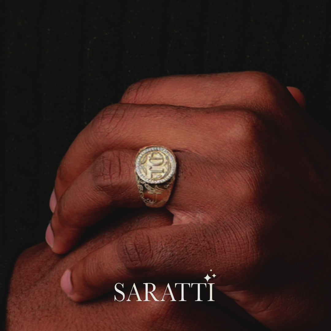 18k yellow gold regalia d’oro II signet ring with diamond halo crest design | SARATTI  