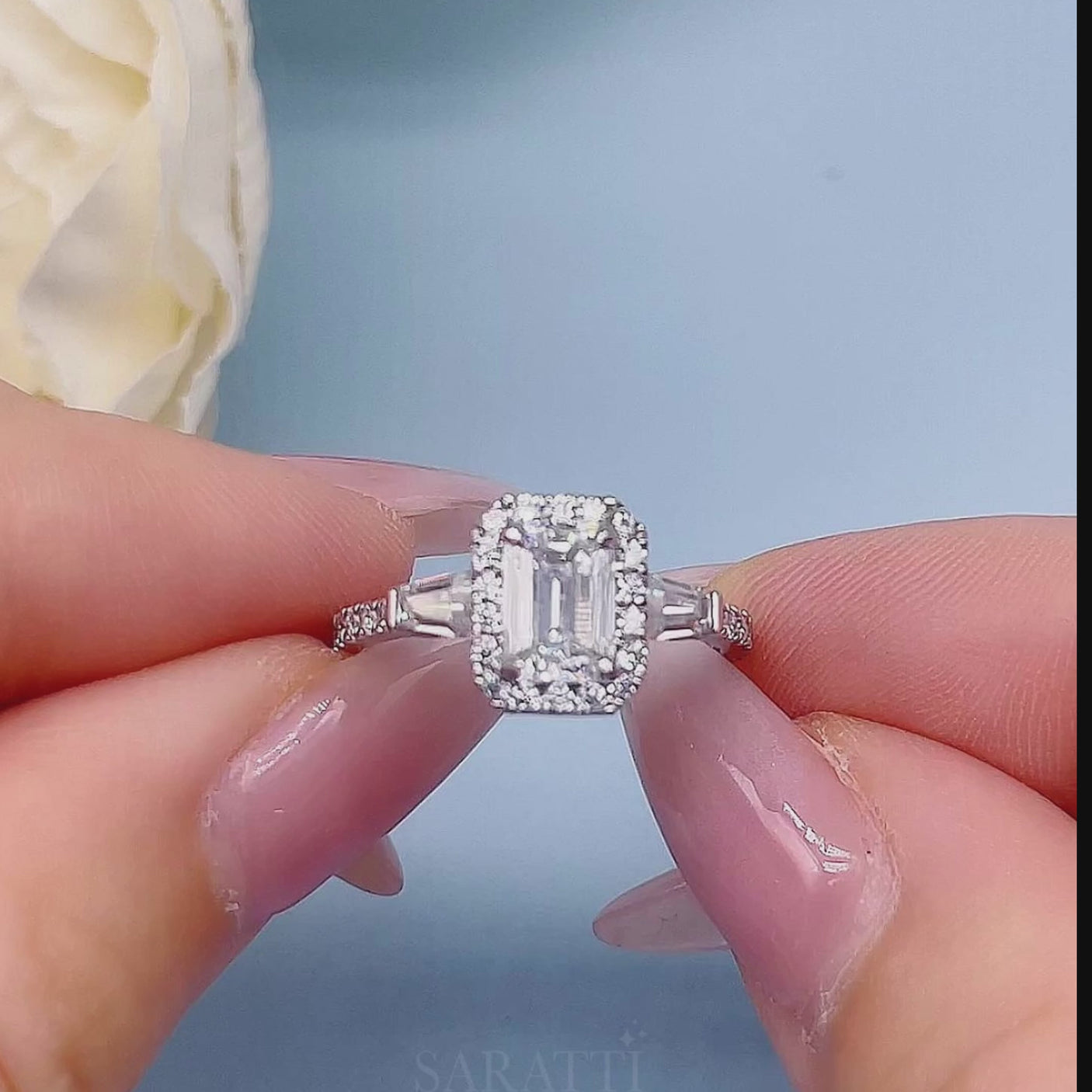 Victoria – Celestial Stairway Natural Emerald-Cut Diamond Halo Ring