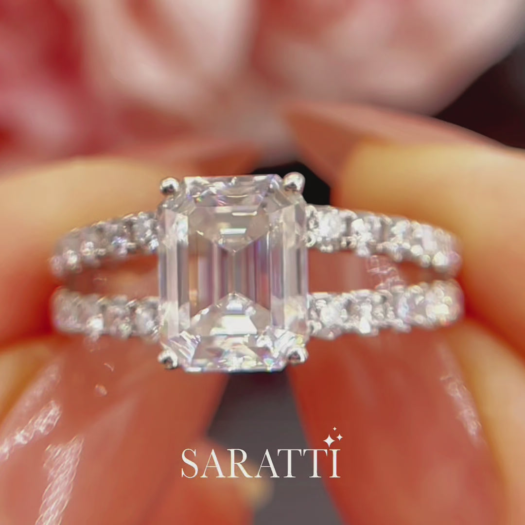Vera • Emerald Cut Moissanite Ring Split Shank Ring