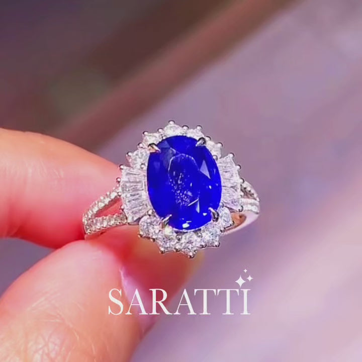 3 carat Royal Blue Natural Sapphire Diamonds Split Shank White Gold Ring - Saratti