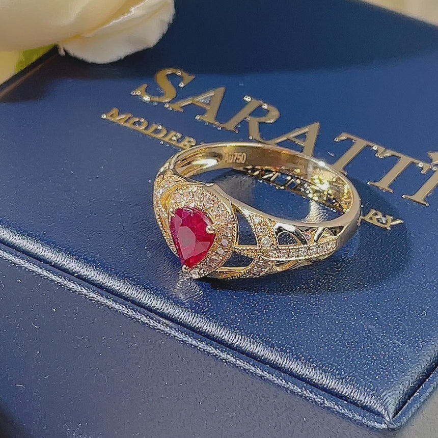 Pear Cut Natural Ruby Ring in 18K Yellow Gold | Saratti Jewelry