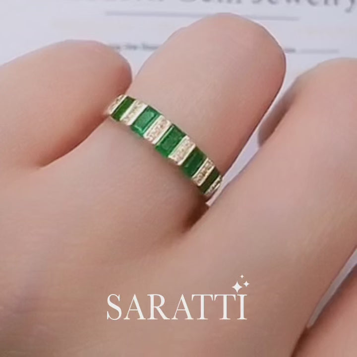 Emerald Stackable Ring with Diamonds in Yellow Gold | Saratti Jewelry