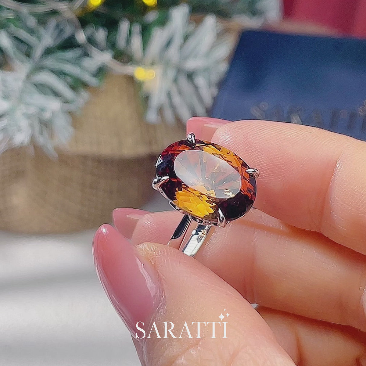 Luxury natural Imperial Topaz statement ring with oval solitaire design in premium 18K white gold | SARATTI