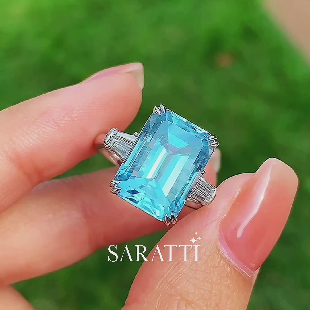 Emerald Cut Aquamarine Three Stone Ring