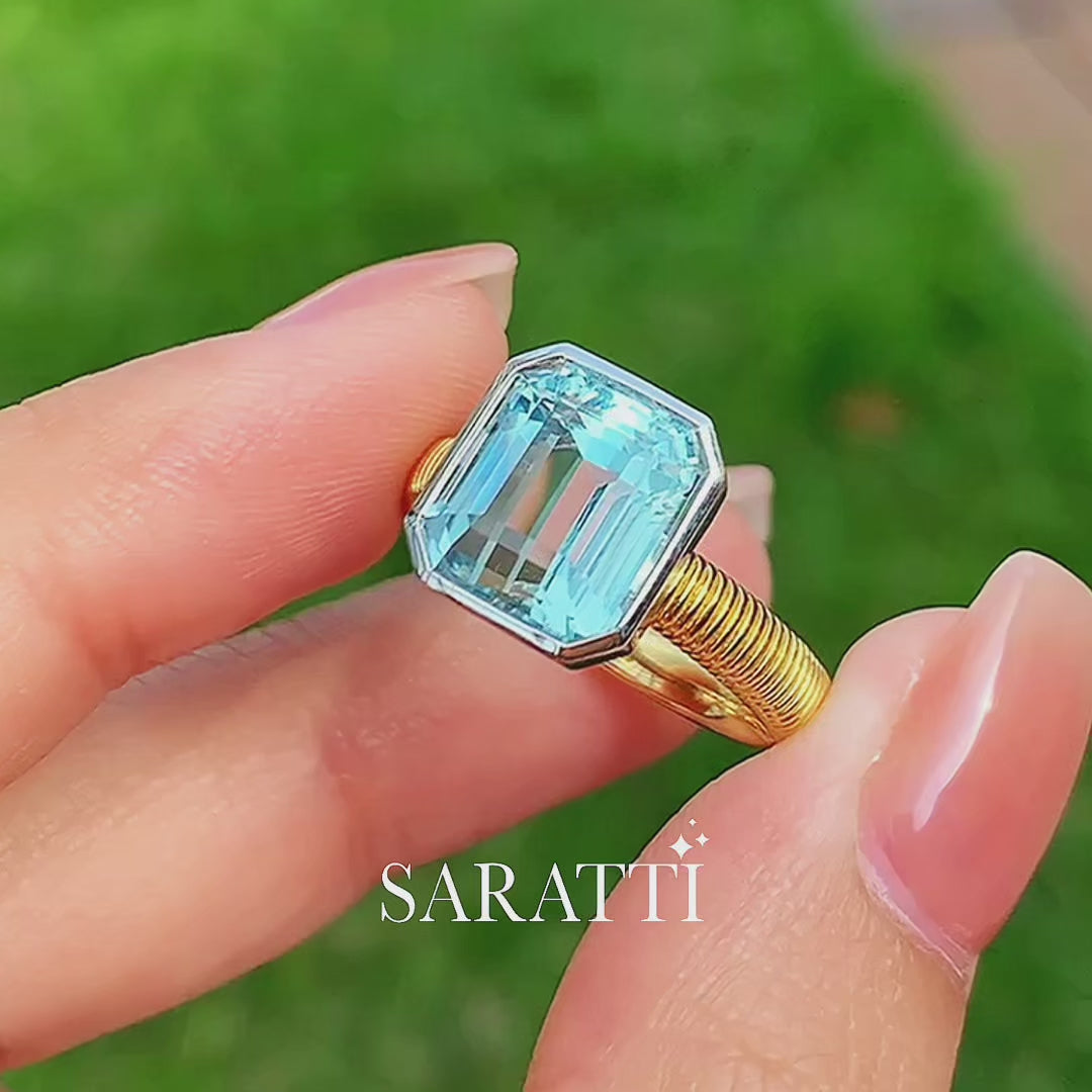 Aquamarine solitaire engagement ring for unique modern proposals in 18K Yellow Gold | SARATTI