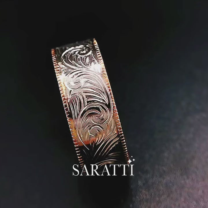 Wide engraved men’s wedding band 18k rose and white gold aurelian scroll design | SARATTI