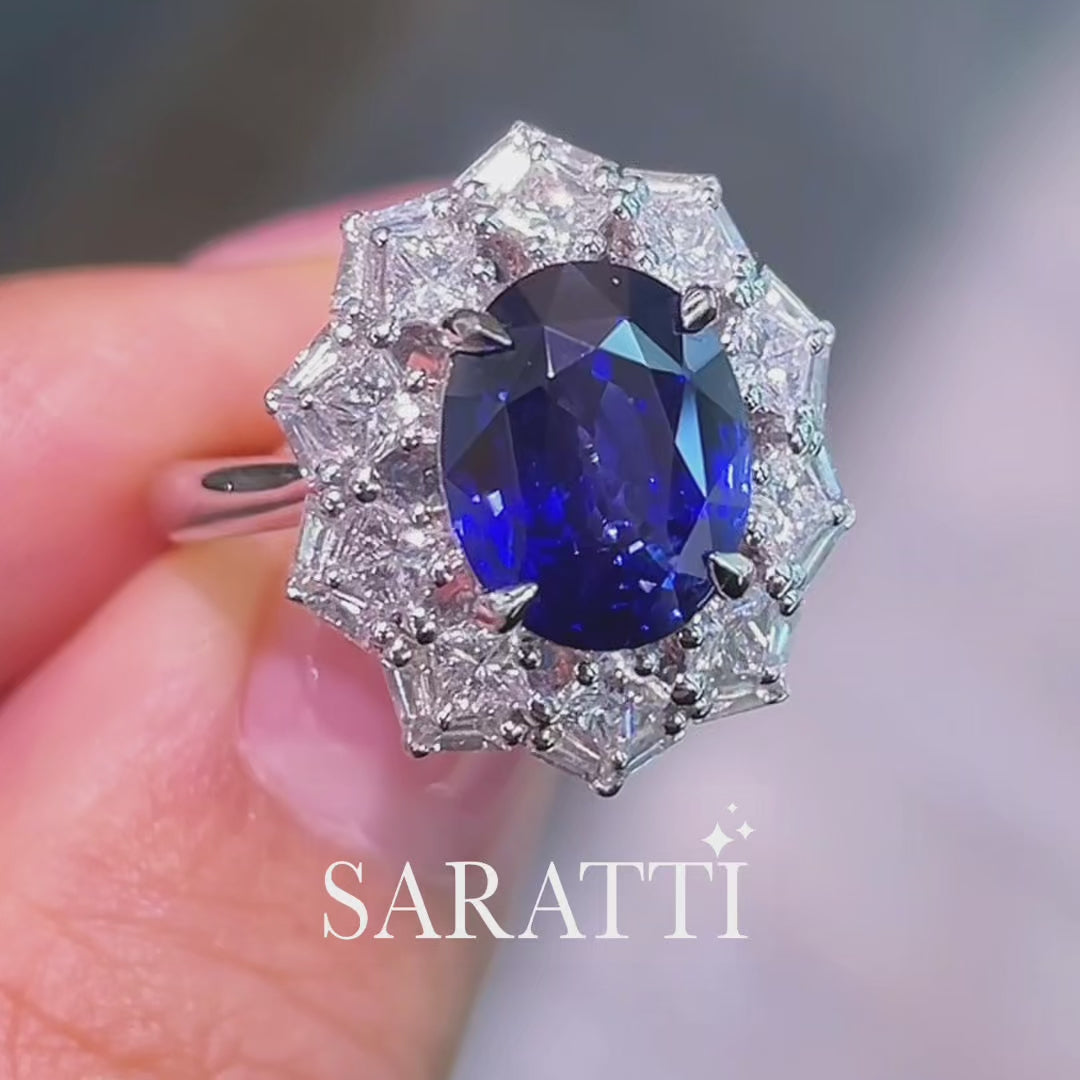 5 carats Oval Royal Blue Sapphire Diamonds White Gold Ring - Saratti Jewelry