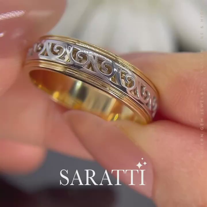 18k white and yellow gold aurelian men’s scroll wedding band ornamental band | SARATTI