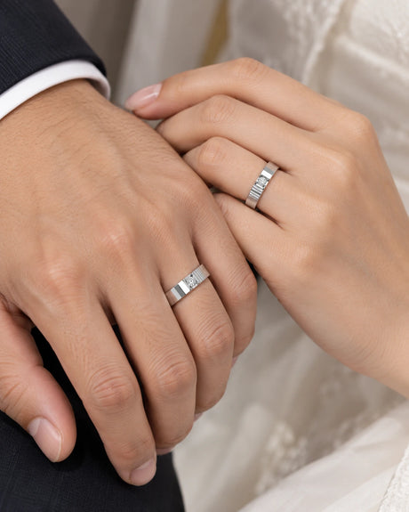 Prism Radiance natural diamond his and hers wedding bands in 18K white gold on couple model | SARATTI