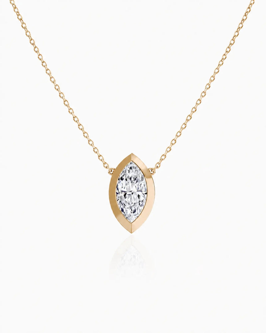 SOLARA Bezel-Set Marquise Cut solitaire necklace setting in yellow gold, front view | SARATTI