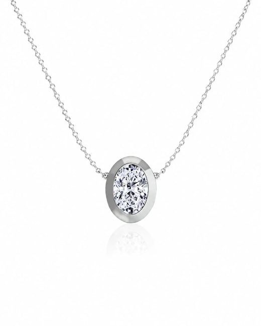 SOLARA Bezel-Set Oval Cut solitaire necklace setting in white gold, front view | SARATTI