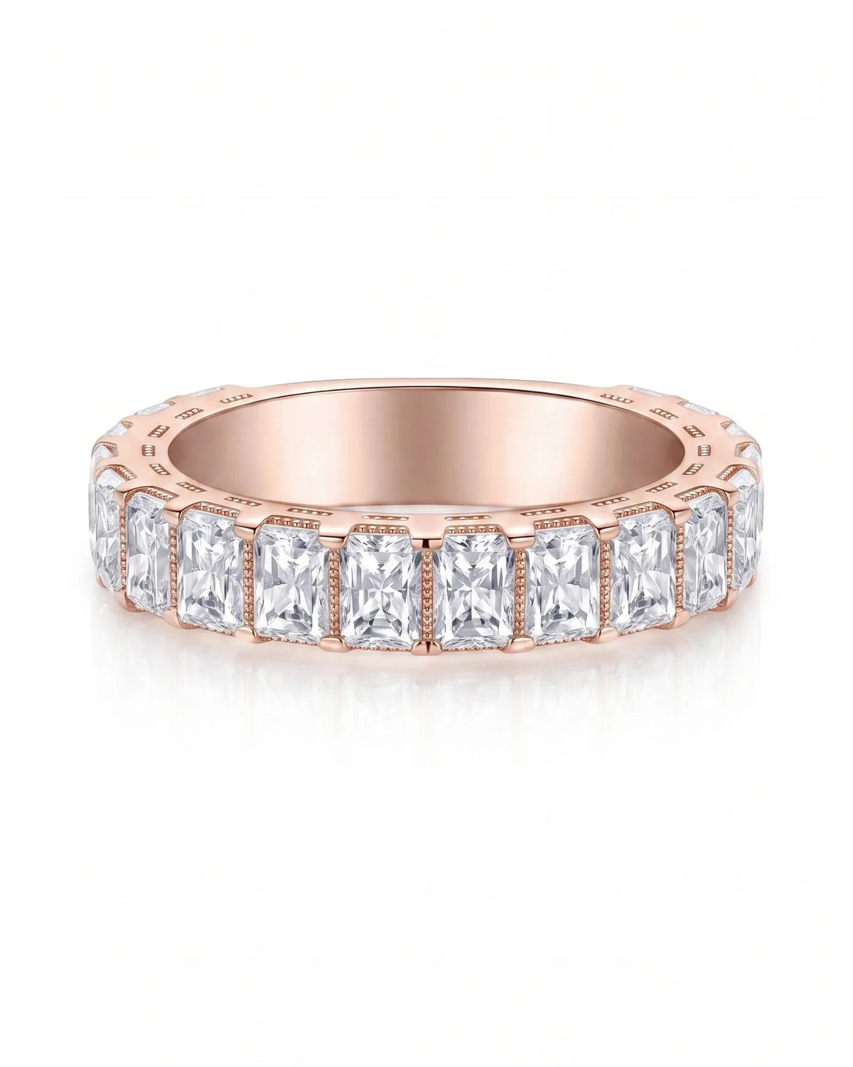Radiant cut diamond eternity band in 18K rose gold, studio view 2 | SARATTI