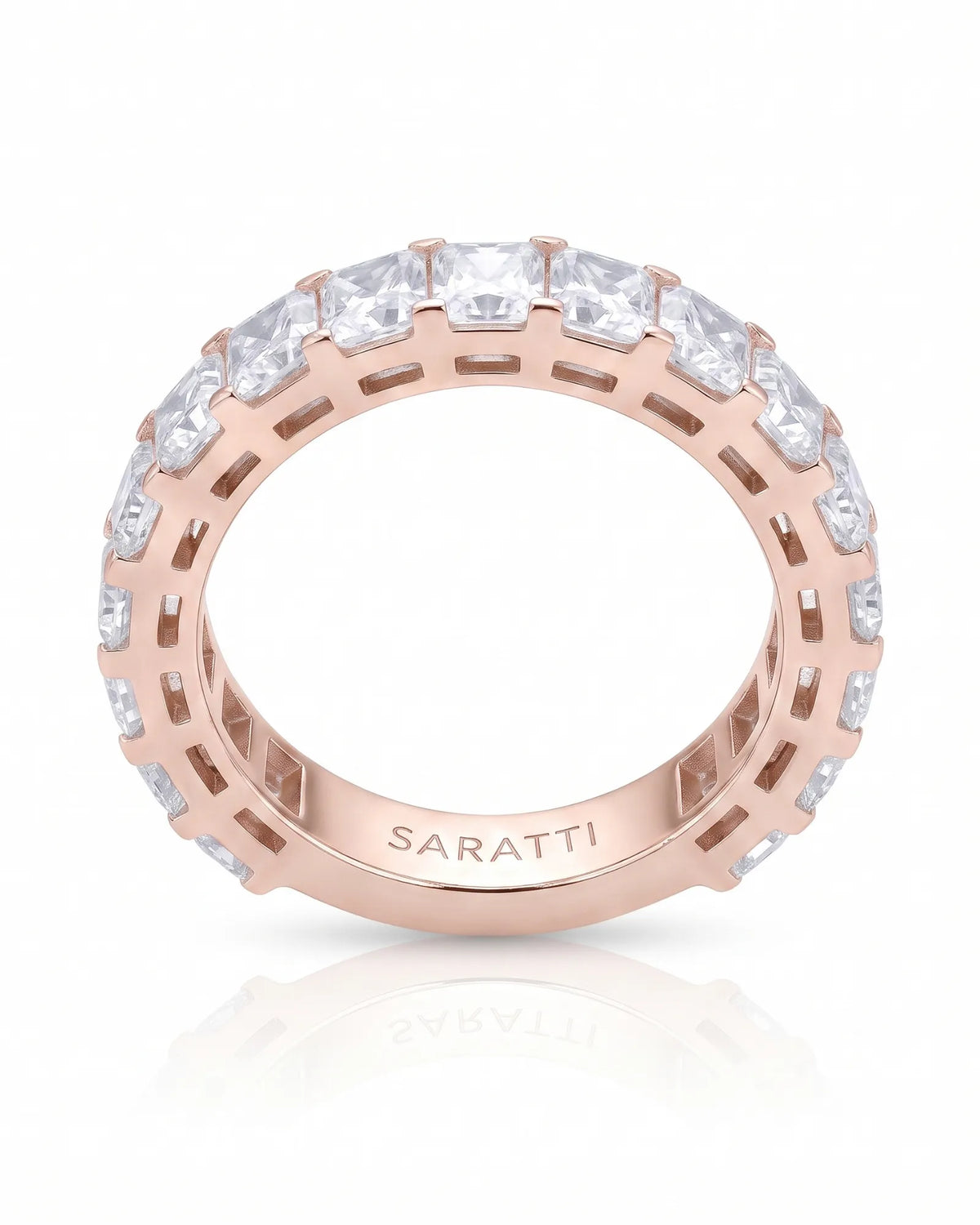 Radiant cut diamond eternity band in 18K rose gold, studio view 3 | SARATTI