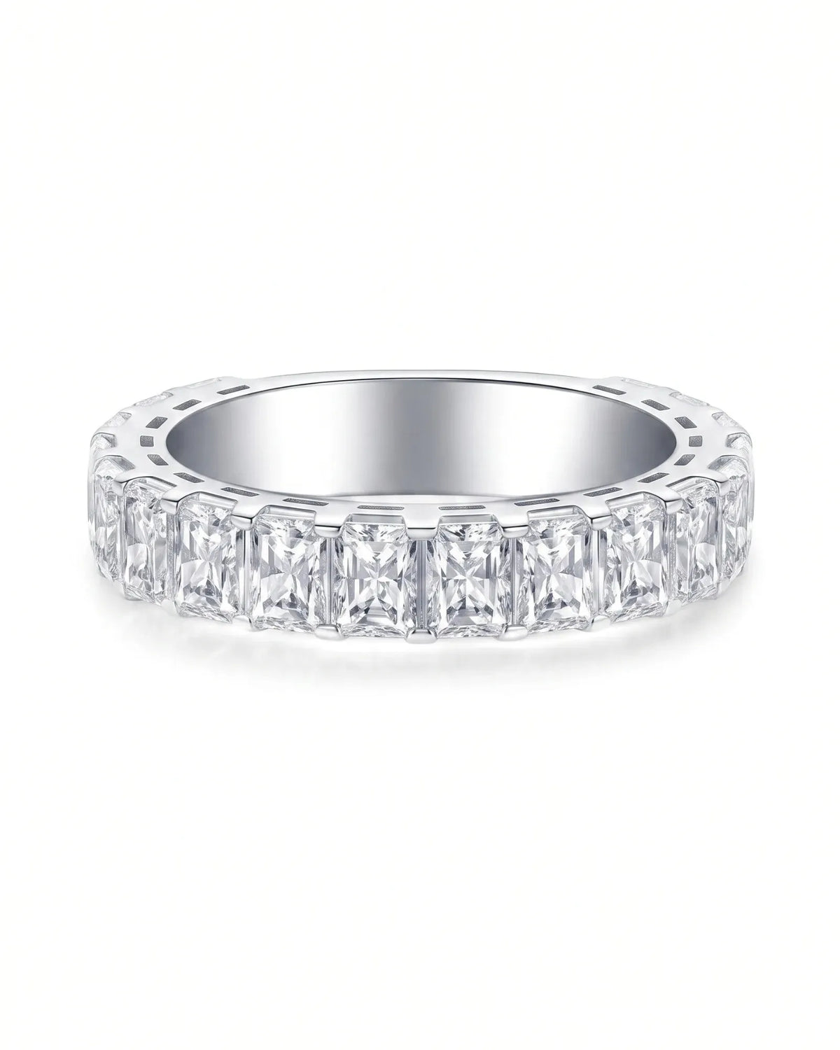 Radiant cut diamond eternity band in 18K white gold, studio view 2 | SARATTI