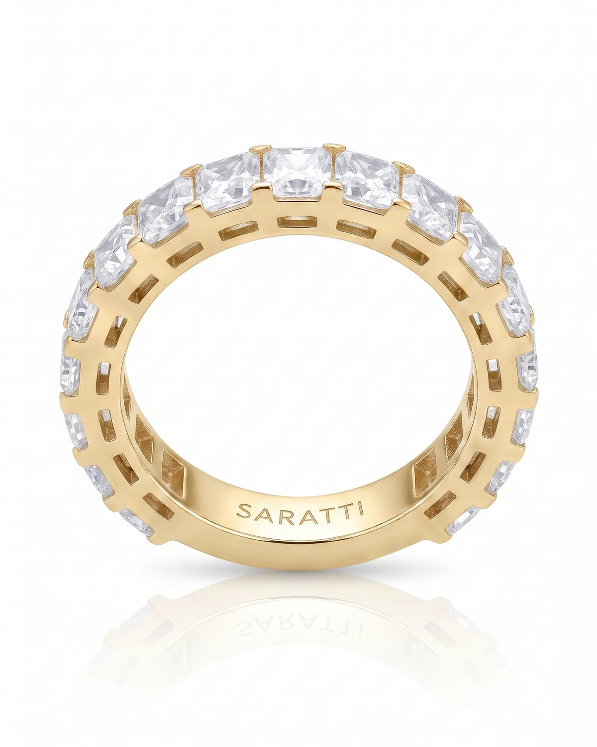Radiant cut diamond eternity band in 18K yellow gold, studio view 3 | SARATTI