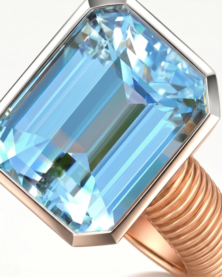 Rivage Bezel emerald-cut Aquamarine ribbed bezel solitaire ring setting in Rose Gold, front view | SARATTI