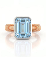 Rivage Bezel emerald-cut Aquamarine ribbed bezel solitaire ring setting in Rose Gold, top view | SARATTI