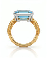 Rivage Bezel emerald-cut Aquamarine ribbed bezel solitaire ring setting in Yellow Gold, top view | SARATTI