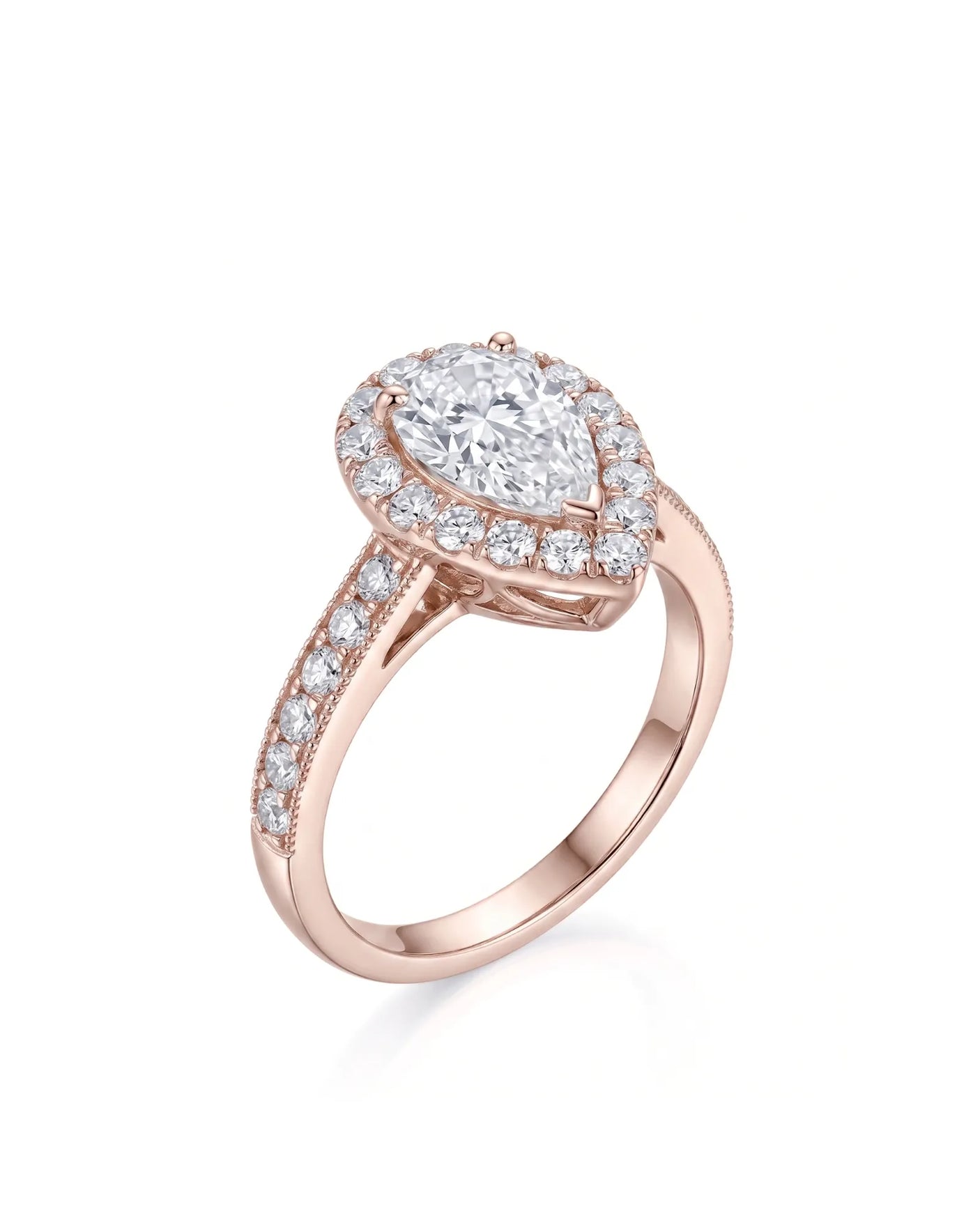 ROSE 1 carat F-colour pear natural diamond halo ring in 18K rose gold, 45-degree hero view | SARATTI