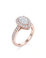 ROSE 1 carat F-colour pear natural diamond halo ring in 18K rose gold, 45-degree hero view | SARATTI
