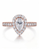 ROSE 1 carat F-colour pear natural diamond halo ring in 18K rose gold, front view of pear halo and pavé band | SARATTI