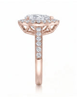 ROSE 1 carat F-colour pear natural diamond halo ring in 18K rose gold, side profile showing raised halo gallery | SARATTI
