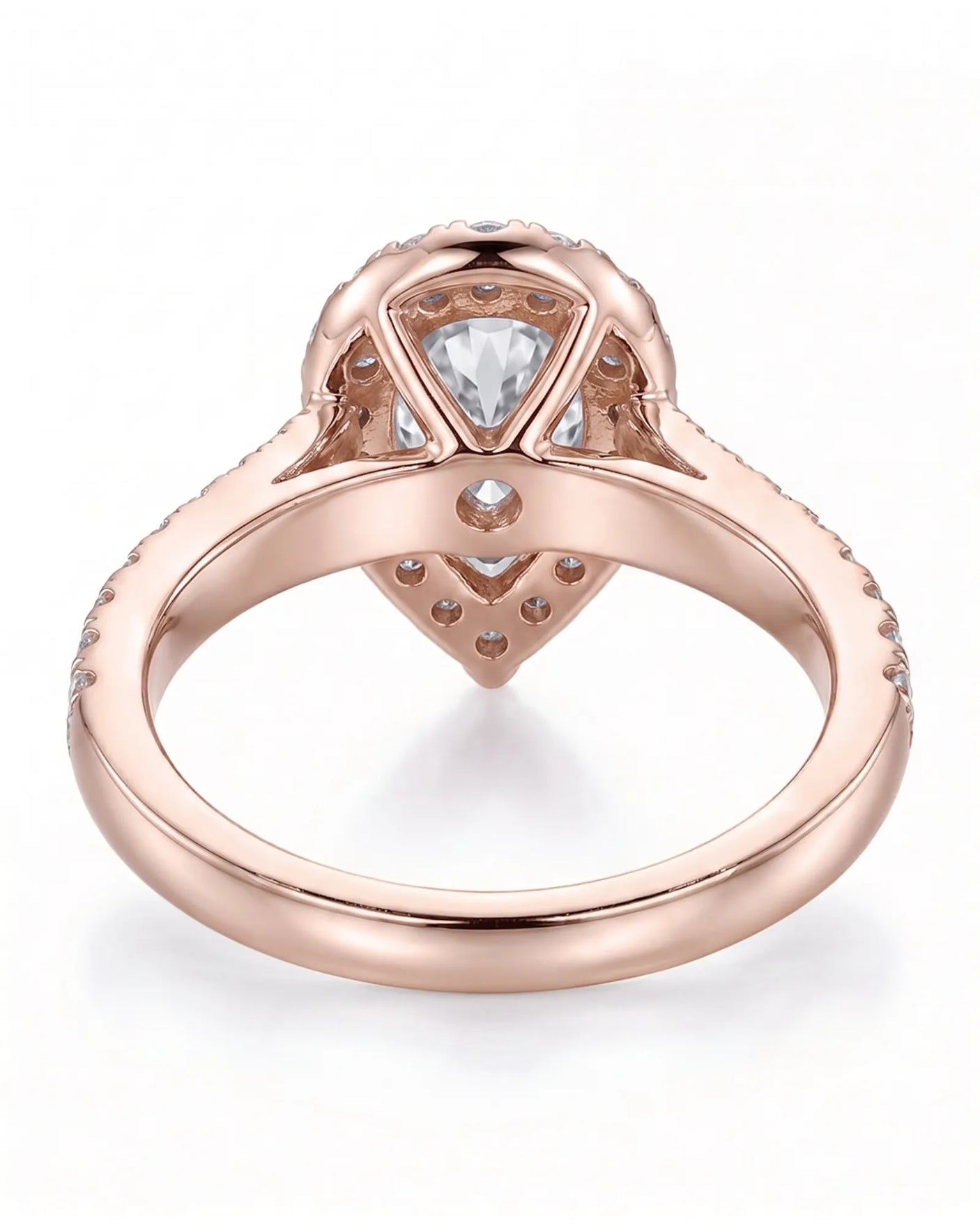 ROSE 1 carat F-colour pear natural diamond halo ring in 18K rose gold, underside view of halo and pavé setting | SARATTI