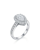 ROSE 1 carat F-colour pear natural diamond halo ring in 18K white gold, 45-degree hero view | SARATTI