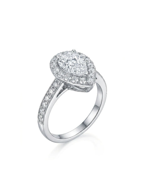 ROSE 1 carat F-colour pear natural diamond halo ring in 18K white gold, 45-degree hero view | SARATTI
