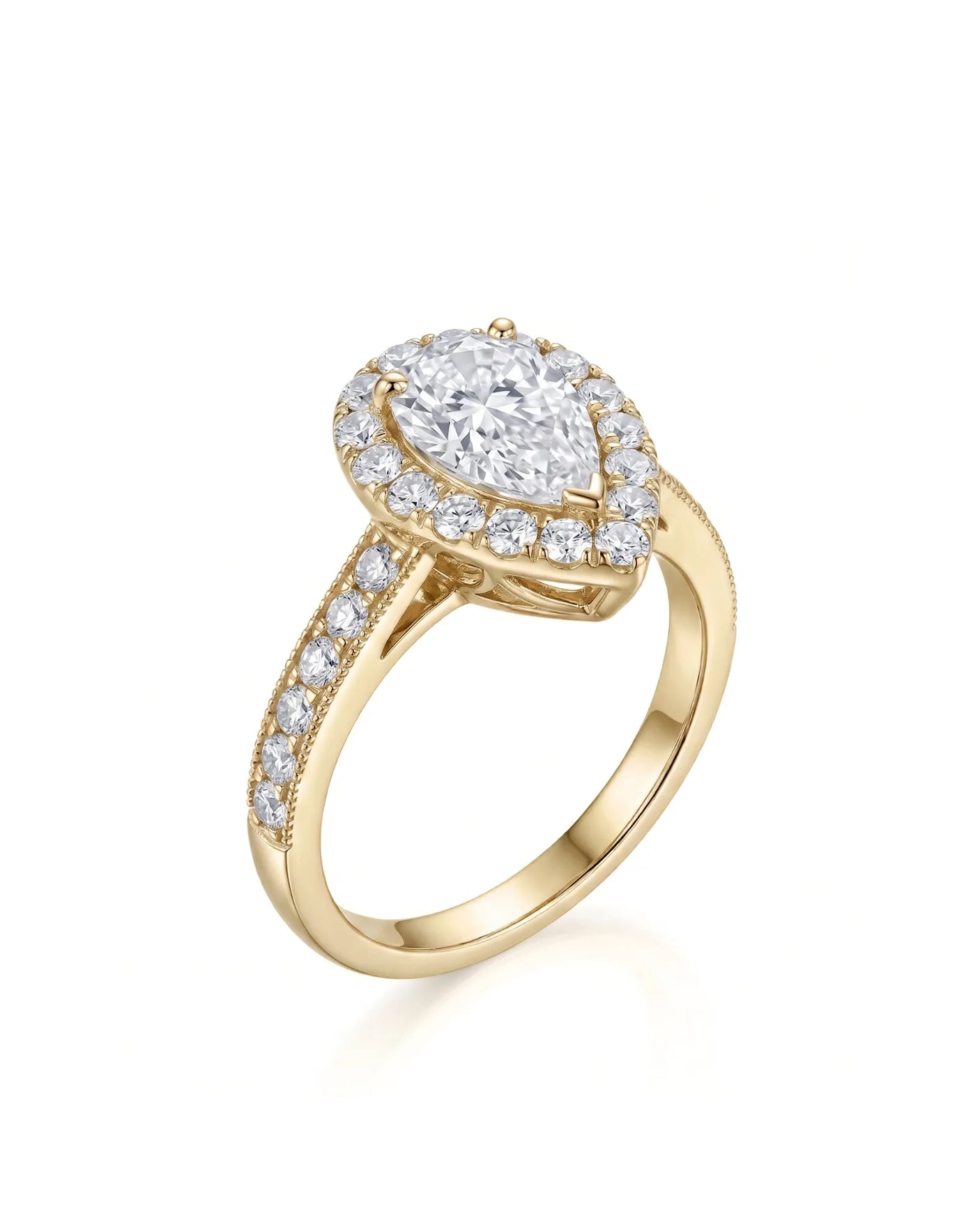 ROSE 1 carat F-colour pear natural diamond halo ring in 18K yellow gold, 45-degree hero view | SARATTI