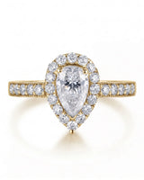 ROSE 1 carat F-colour pear natural diamond halo ring in 18K yellow gold, front view of pear halo and pavé band | SARATTI