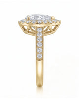 ROSE 1 carat F-colour pear natural diamond halo ring in 18K yellow gold, side profile showing raised halo gallery | SARATTI